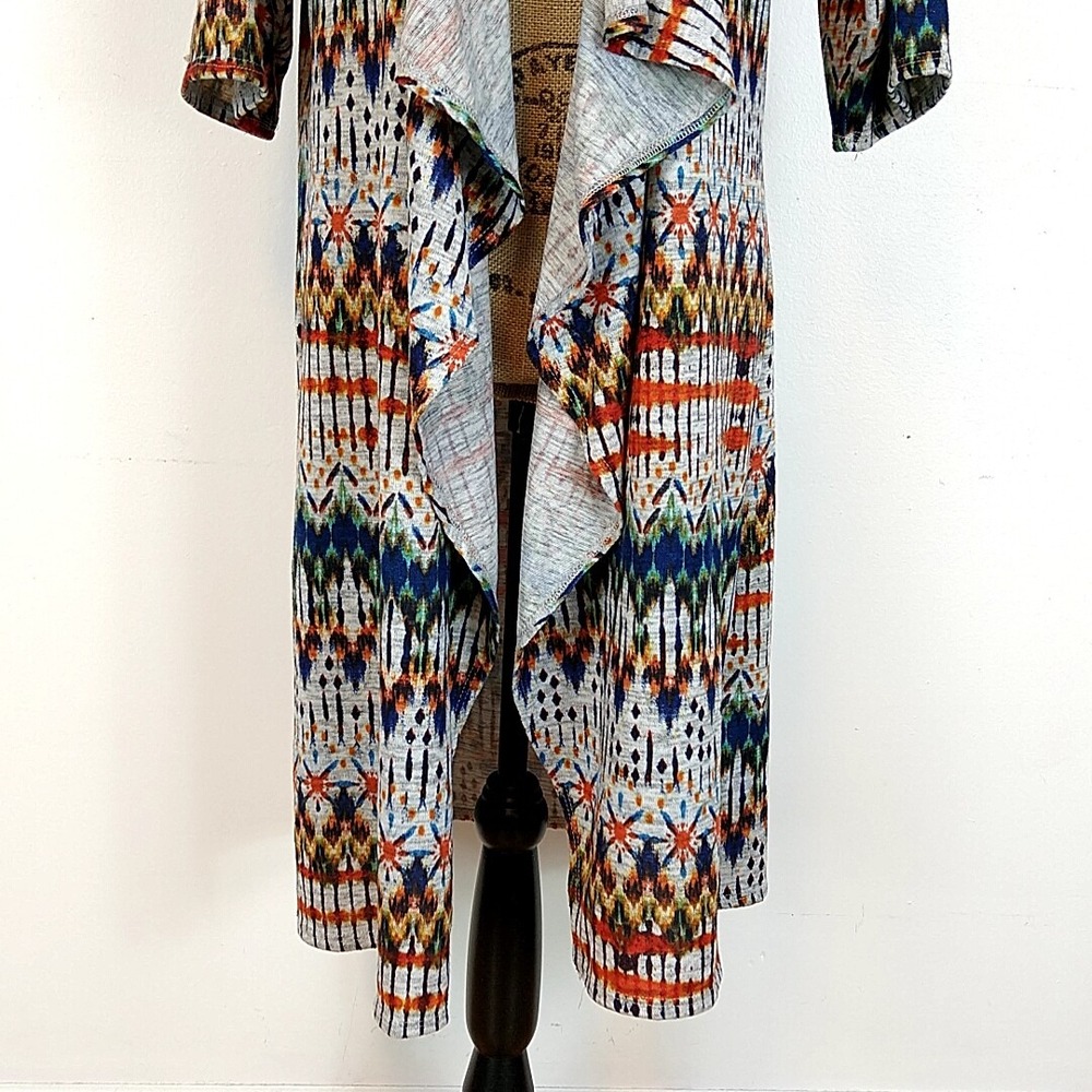 LuLaRoe Lindsay Kimono Women Medium Multicolor Geometric Ikat Open Cardigan - Picture 3 of 8